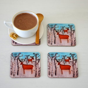 Deer Coasters set of 4, Animal Art Coasters, Artist Paintings Wooden Coasters with Gloss Finish, Christmas Table Winter Coasters