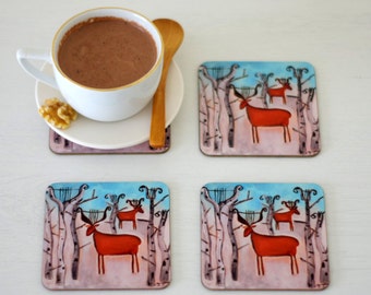 Deer Coasters set of 4, Animal Art Coasters, Artist Paintings Wooden Coasters with Gloss Finish, Christmas Table Winter Coasters