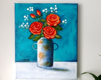 Original Rose Painting, Orange Roses Artwork, Still Life Acrylic Art, Valentine's Gift, Housewarming Present, Gallery Wall