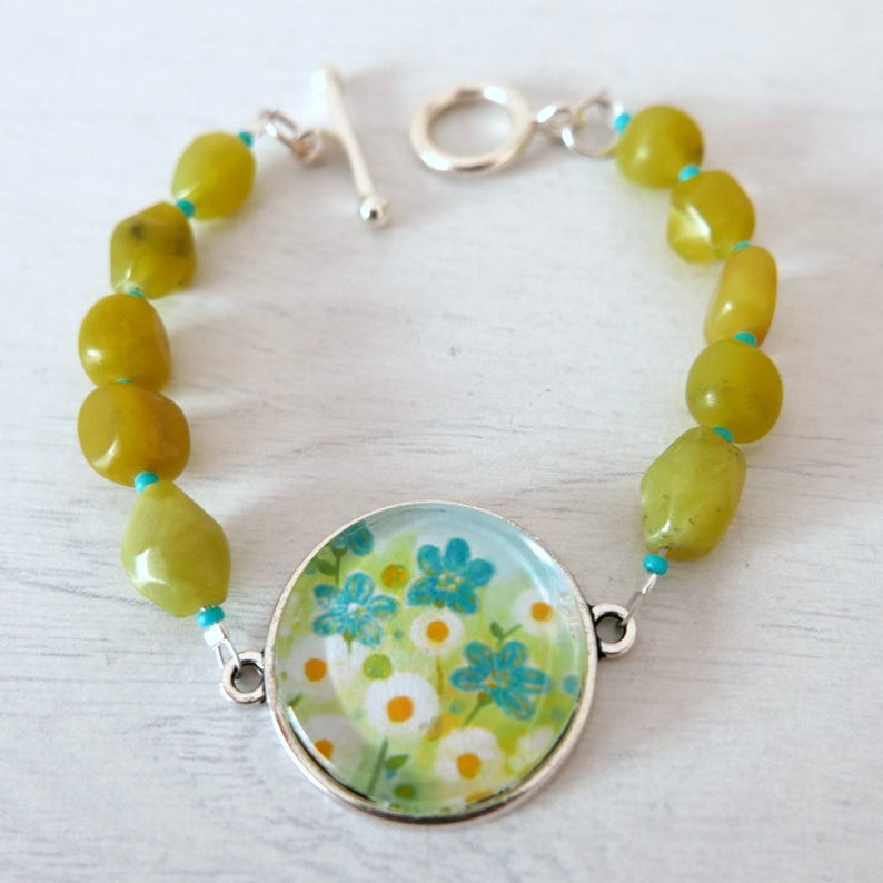 Lime Green Bracelet, Turquoise Flowers Bracelet, Bracelet With Floral