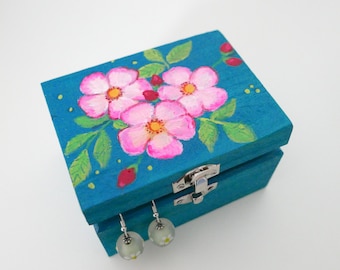 Teal Jewelry Gift Box, Floral Decorative Storage, Pink Flowers Painting, Acrylic Artwork, Original Art, Home Decor, Floral Earrings Green