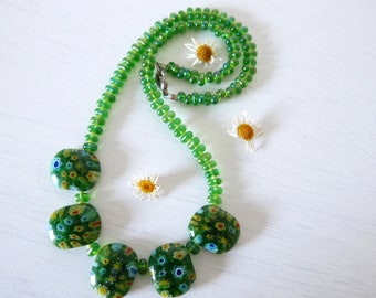 Tribal Necklace Green Glass Millefiori Beads Floral Handmade Beaded Jewellery Summer Flower