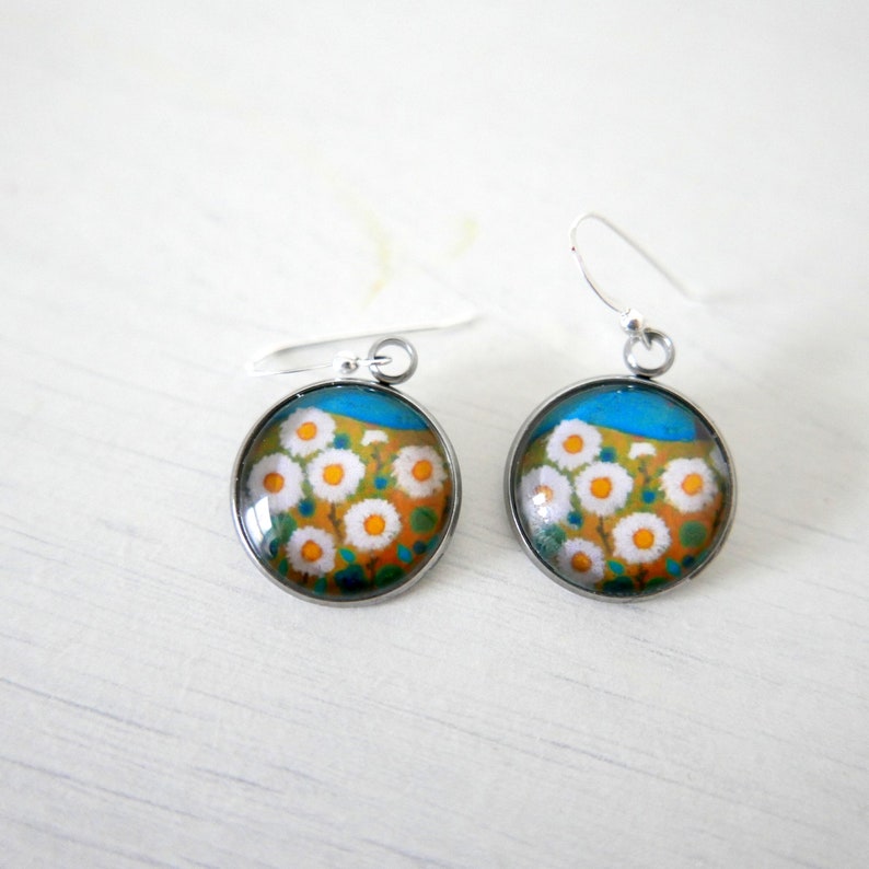 Daisy Flowers Earrings, Floral handmade Jewellery, White and Turquoise Dangle Earrings with Flower Art Print, Gift for Her image 5