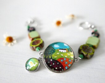 Green Bracelet with Naive landscape Art Pendant and Sheep Charm, Czech Glass and Millefiori Beaded Jewellery, Handmade Jewelry