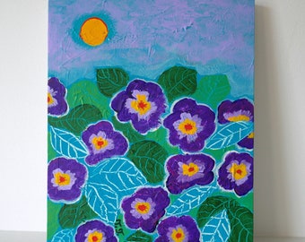 Purple Original Flower Painting, Home Decor, Primrose Floral Artwork, Colourful Art for Your Walls, Gallery Wall