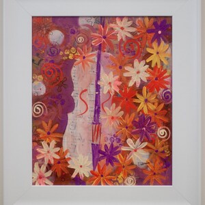 Flowers and Music Painting, Violin Painting, Autumn Flowers Painting, White Framed Artwork, Brown Original Painting, Gloss Frame Art image 2