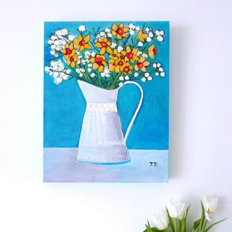 Daffodils Artwork, Still Life Turquoise Painting, Floral Naive Art image 1