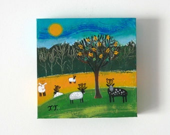 Landscape Painting, Countryside, Sheep, Animal Art, Oak Tree, Nature, Small Acrylic Artwork, Original Art, Farmhouse Decor, Rustic, Cottage