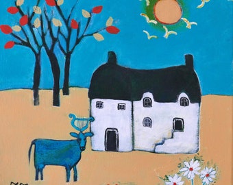 Folk Art Painting, Autumnal Landscape, Naive Painting, Cow Animal Artwork, Primitive Art, Countryside, Rustic, Cottage, Farmhouse