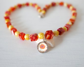 Orange Yellow Necklace with Glass and Millefiori Beads and Flower art charm, Handmade Beaded Jewellery