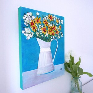 Daffodils Artwork, Still Life Turquoise Painting, Floral Naive Art image 5