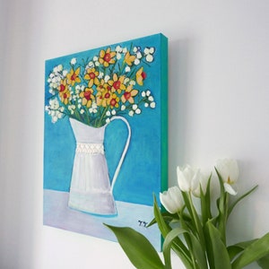 Daffodils Artwork, Still Life Turquoise Painting, Floral Naive Art image 4