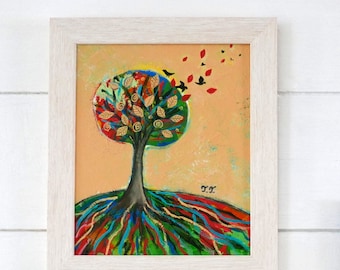 Autumn Landscape Painting, Tree Artwork, Framed Art, Naive, Abstract, Folk