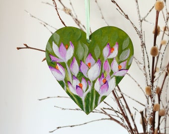 Hand-painted Crocus Flowers Hanging Decoration Heart Valentine's Day