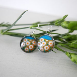 Daisy Flowers Earrings, Floral handmade Jewellery, White and Turquoise Dangle Earrings with Flower Art Print, Gift for Her image 3