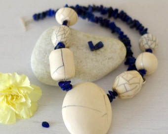 Statement White and Navy Necklace, Lapis Lazuli Handmade Jewellery, Gift for her