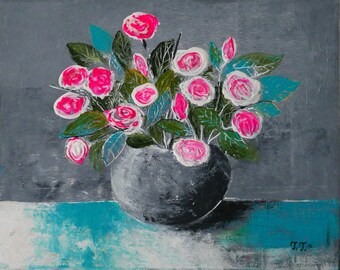 Original Floral Painting, Pink Roses Artwork, Contemporary Art, Acrylic, Housewarming, Wedding Gift, Home Decor, Collectible, Gallery Wall