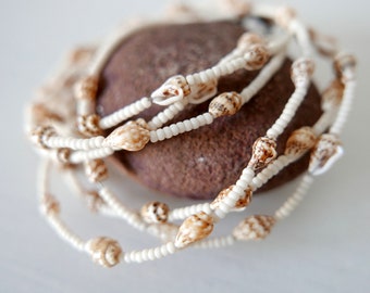 White Cream Shell Necklace, Neutral Color Three Strands Necklace, Handmade Beige Jewellery