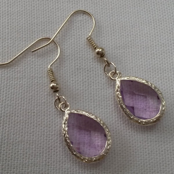 Classic earrings with a light purple charm, metal charm, purple earrings