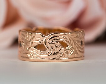 14k Rose Gold Ring, Wedding Band for Women, Wide Gold Ring, Lace Ring, Unique Gold Wedding Band, Floral Wedding Band, Boho Gold Ring,Vintage