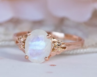 Rose Gold Moonstone Ring, 14k Gold Moonstone Ring, Oval Engagement Ring, Vintage Style Engagement Ring, Moonstone Gold Ring, Oval Stone Ring