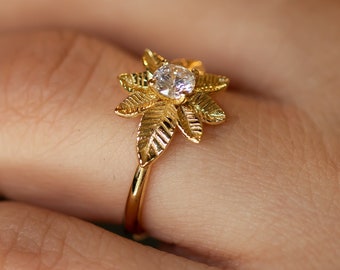 Moissanite Engagement Ring, Nature Inspired Engagement Ring, Leaves Leaf Floral Diamond Ring, Unique Engagement ring, Gold Moissanite Ring