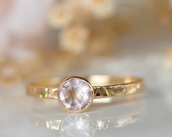 Rose Quartz Engagement Ring, Floral Engagement Ring, Rose Quartz Gold Ring, Bezel Set, Pink Gemstone Engagement Ring, Bezel Engagement Ring