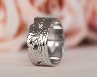 Anillo de oro blanco de 14 k, anillo de bodas para mujer, alianza de oro única, alianza de oro con flores, anillo de bodas ancho, anillo de encaje, anillo de oro bohemio, anillo de novia
