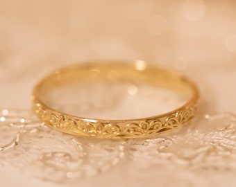 Floral Gold Ring, Delicate Wedding Band, 14k Gold Ring, Thin Floral Wedding Band, Flower Wedding Band, Women Wedding Ring, 14k Stacking Ring