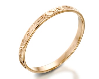Rose Gold Wedding Band, Thin Gold Ring, 14k Gold Ring, Delicate Gold Ring, Thin Wedding Band, Floral Ring, Lace Ring, Gold Stacking Ring.