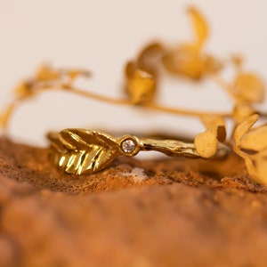 Leaf Ring, Diamond Gold Ring, Nature Inspired Twig Ring Gold Ring, Diamond Stacking Ring, Small Diamond Engagement Ring, Leaf and Twig, Gift