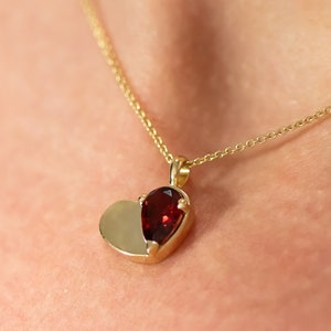 Ready To Ship - Garnet Heart Pendant Necklace, January Birthstone, Gemstone Heart Necklace, 14K Gold Pendant, Personalized Initial Engraving