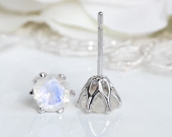14k Gold Moonstone Earrings, Gold Stud Earrings, Moonstone Earrings, 14k Gold Earrings, Solitaire Earrings, Anniversary Gift, Gift For Her