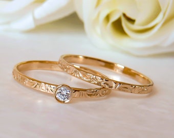 Rose Gold Ring Set, Engagement Ring and Wedding Ring Set, Floral Engagement Ring, Thin Wedding Band,  Diamond Ring, 14k Gold Bridal Ring Set