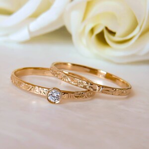 Rose Gold Ring Set Engagement Ring and Wedding Ring Set Floral