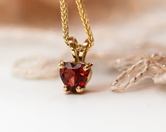 Garnet Heart Charm Pendant Necklace, January Birthstone, Red Heart Charm Necklace, 14K Gold Pendant Necklace with Garnet Heart