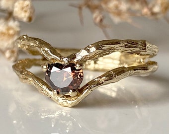 Diamond Engagement Ring, Nature Inspired Ring, Heart Engagement Ring, Unique Engagement Ring, Brown Diamond Ring, Heart Cut Engagement Ring