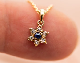 Magen David Pendant Necklace, 14K Diamond Gold Necklace, Blue Sapphire and Diamonds, Jewish Star Of David, Magen David Jewelry