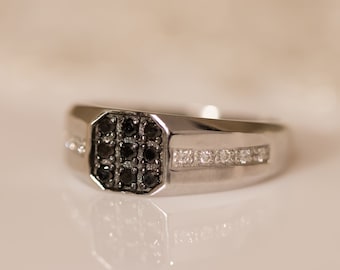 Mens Ring, Men Diamond Ring, Signet Ring, Black Diamond Ring Mens Signet, 14K Gold Mens Ring, Statement Ring, Wide Men Ring, Men Jewelry