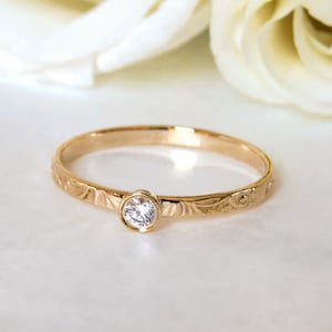 Rose Gold Diamond Engagement Ring, Nature Ring, Stackable Engagement Ring, 14K, Lace Diamond Band, Leaf Vine Floral Small Bezel Diamond Ring