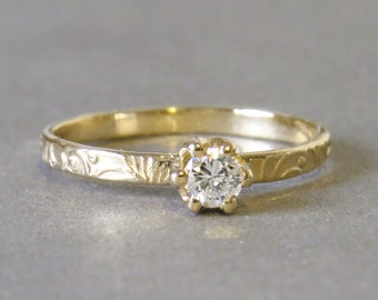 Diamond Engagement Ring, 14k yellow Gold Ring, Diamond Wedding Ring, Solitaire Diamond Ring, Thin Diamond Ring, Floral Ring, Delicate Ring