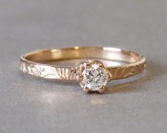 Diamond Wedding Ring, Thin Engagement Ring, 14k Rose Gold Ring, Solitaire Diamond Ring, Diamond Engagement Ring, Floral Gold Ring, Delicate
