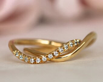 Wedding Ring Set,14K Gold Ring Set, Diamond Engagement Ring, Bridal Set, Pave Diamond Ring, Unique Gold Ring, Wave Ring, Diamond Jewelry
