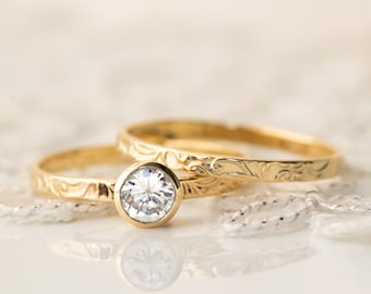 Passender Verlobungsring und Trauring Set - Braut set, Blumen Diamant Ring, kleiner Diamant Ring, Trauring, 14k Massive Gold Ring Set.