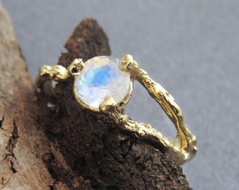 Moonstone Engagement Ring, 14K Gold Moonstone Ring, Rainbow Moonstone Twig Ring, Nature Inspired Ring, Gold Moonstone Ring For Women