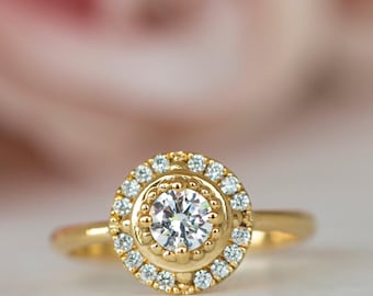 Anillo de compromiso con diamantes, anillo de diamantes único, anillo de diamantes con halo, 14 K, 18 K, anillo de diamantes de oro, anillo de compromiso único, anillo de oro con diamantes.