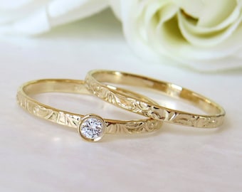 Passender Verlobungsring und Ehering, Brautset, Blumendiamantring, kleiner Diamantring, Ehering, Ringset aus 585er Gold.