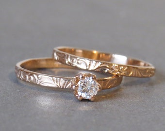 Wedding Ring Set, Diamond Ring Set, Rose Gold Engagement Ring, Solitaire Ring, Floral Gold Ring, Matching Bridal Rings, 14K Gold Ring Set