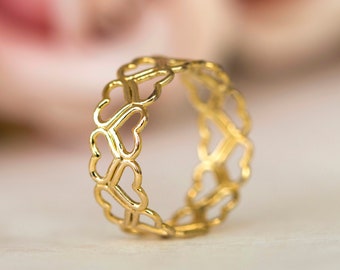 Gold Wedding Ring, Gold Wedding Band, Delicate Gold Jewelry,14k Gold Band, Heart Wedding Ring, Heart Gold Ring, Lace Wedding Ring, Valentine