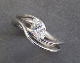 Diamond Ring Set, Wedding Ring Set, Gold Engagement Ring, Marquise Engagement Ring, Matching Ring Set, Diamond Jewelry, Wave Diamond Band
